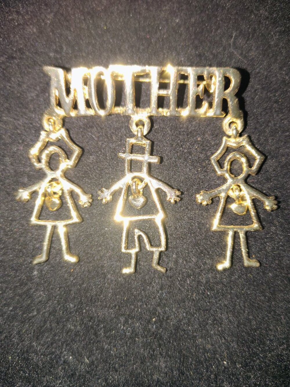 Vintage Gold‑Tone “Mother” Bar Brooch – 3 Dangling Children Charms – 1980s